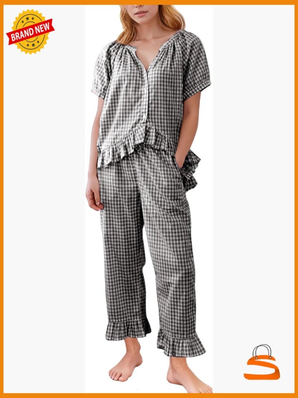Plaid Button Down Pajama Set Puff Sleeve Ruffle Pants Lounge Set